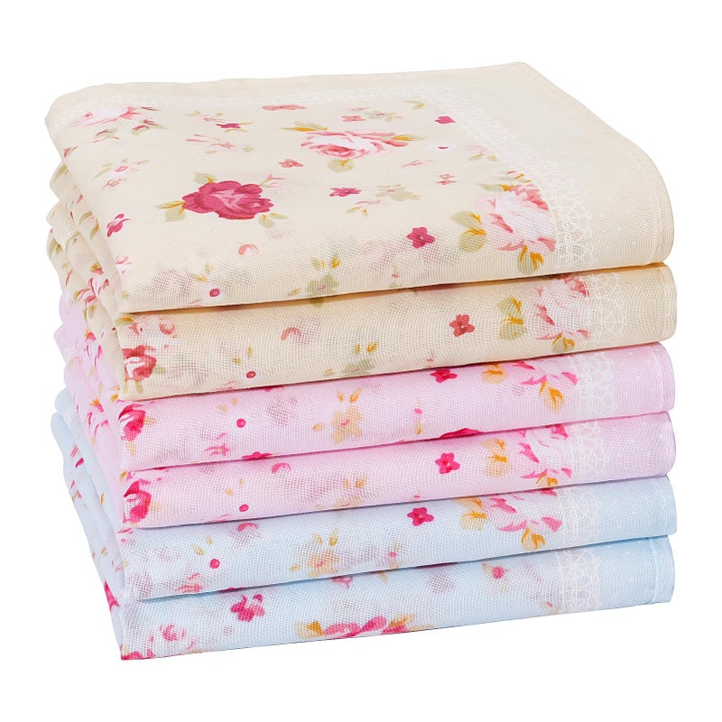 HOULIFE Ladies 100% 60S Cotton Handkerchiefs Womens Red Rose Floral Print Hankies for Wedding Party 18x18 - Image 1